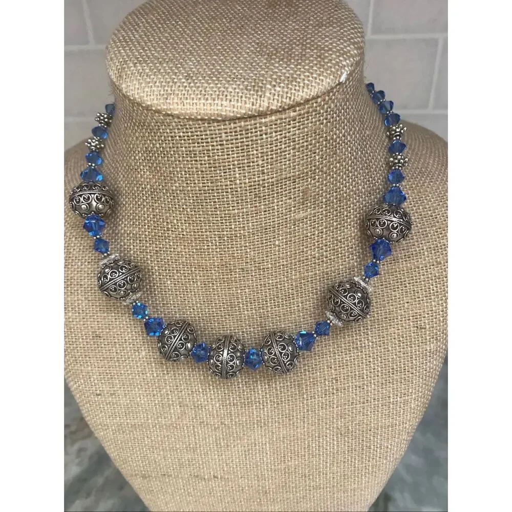 Handmade Sapphire Blue Crystals and Ornate Bali Sterling Silver Beads Necklace